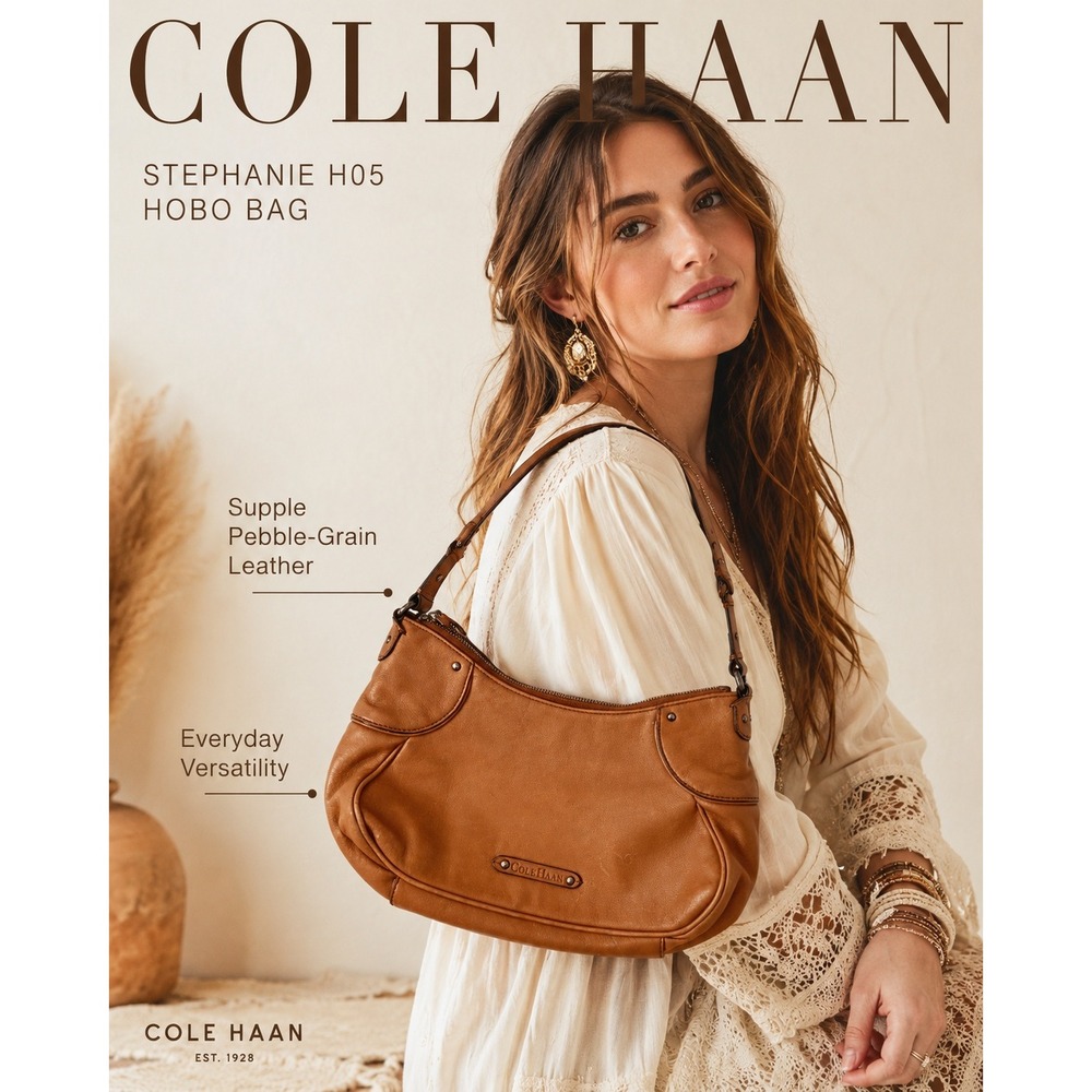 Cole Haan Stephanie H05 Tan‎ Leather Hobo Shoulder Bag Cognac Small